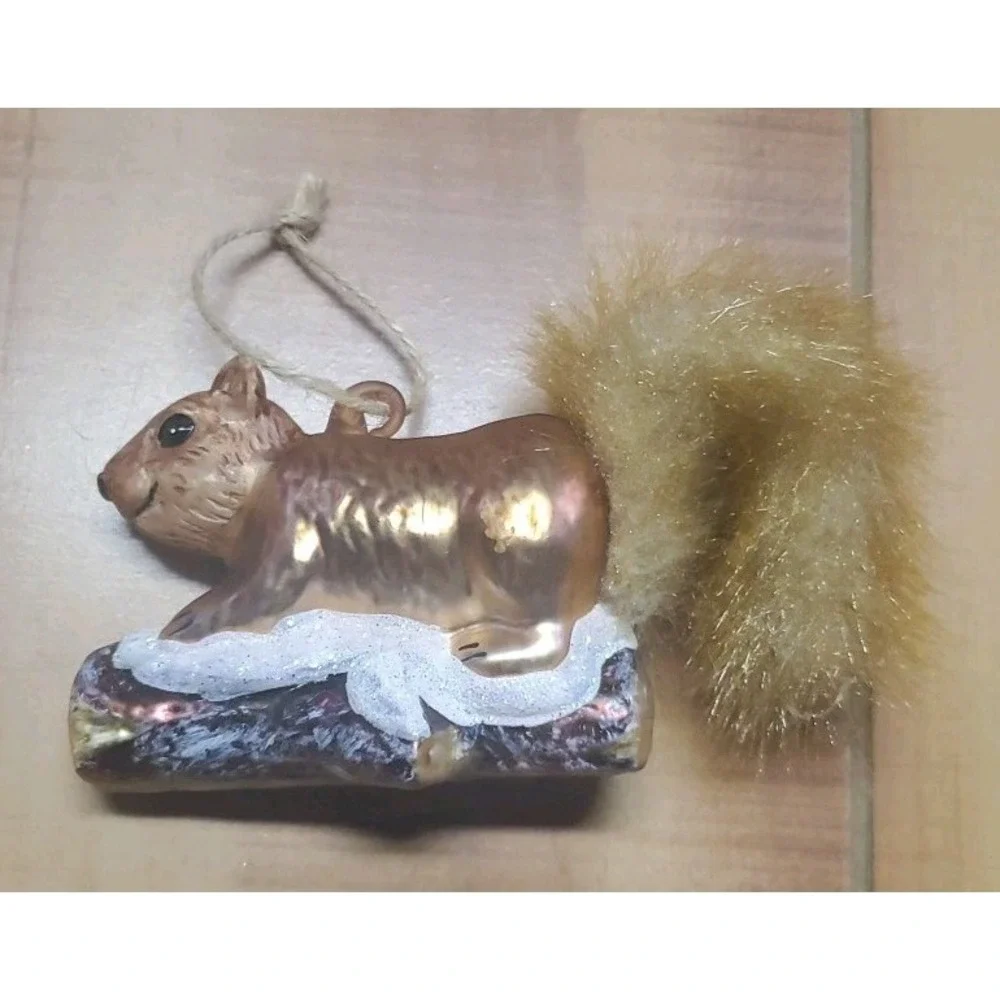 Squirrel Christmas Ornament Hand Blown‎ Glass Animal Plush Fur Tail 5